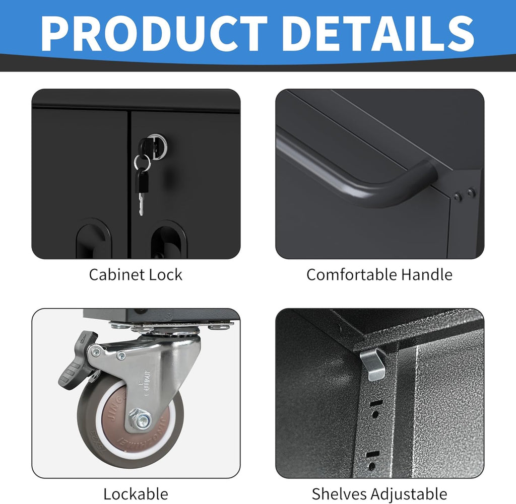 Metal Storage Cabinet with Wheels, Lockable Garage Cabinet with Doors and Shelves, Rolling Tool