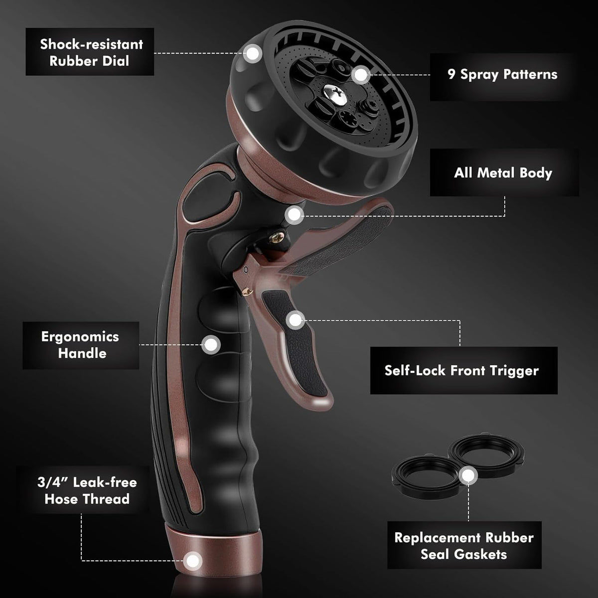 RESTMO Hose Nozzle with Easy Self-Lock Trigger, Heavy Duty Metal Water Hose Sprayer with 9 Spray