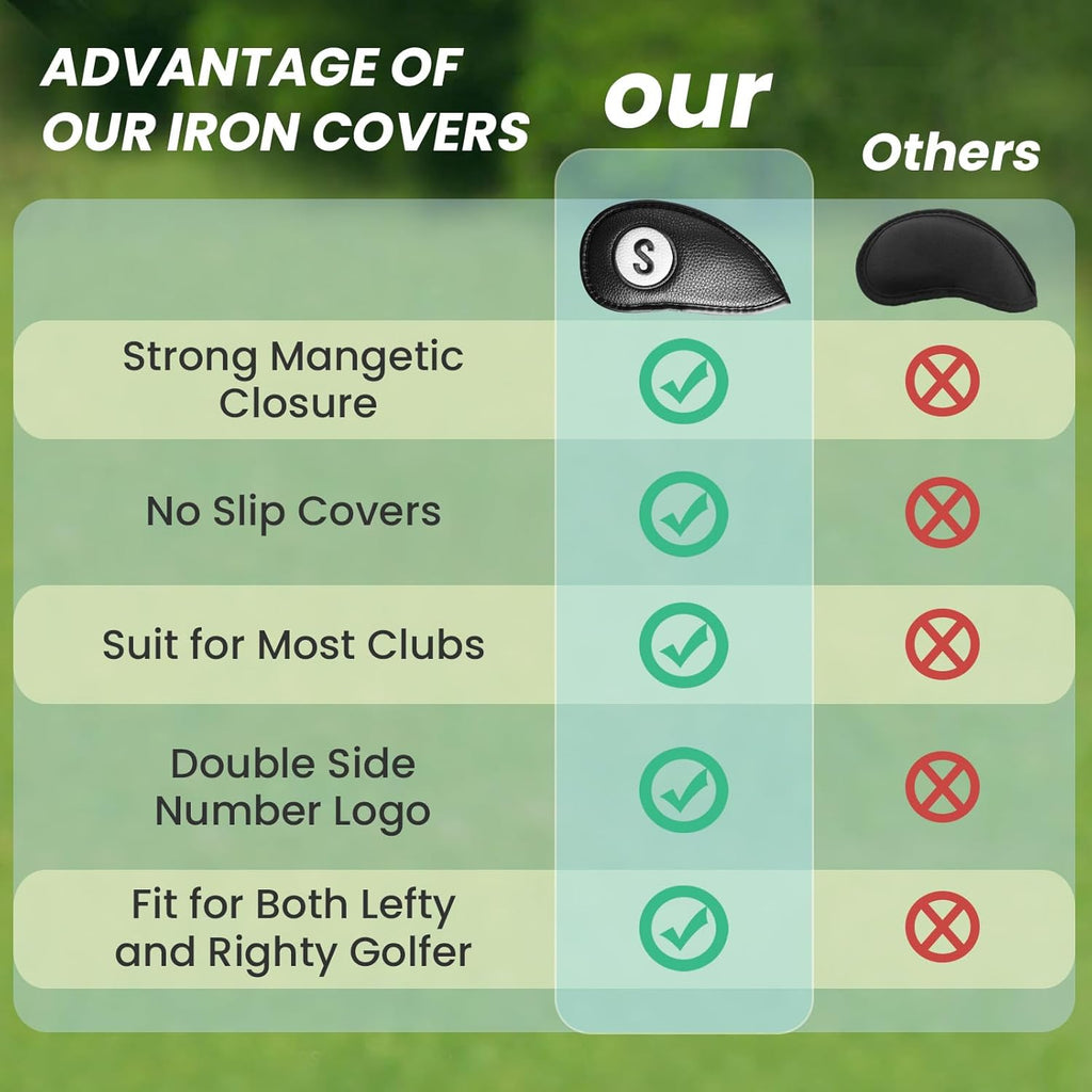 FINGER TEN Golf Club Covers for Irons Magnetic Value 11 Pack, Synthetic Leather Deluxe Head Cover