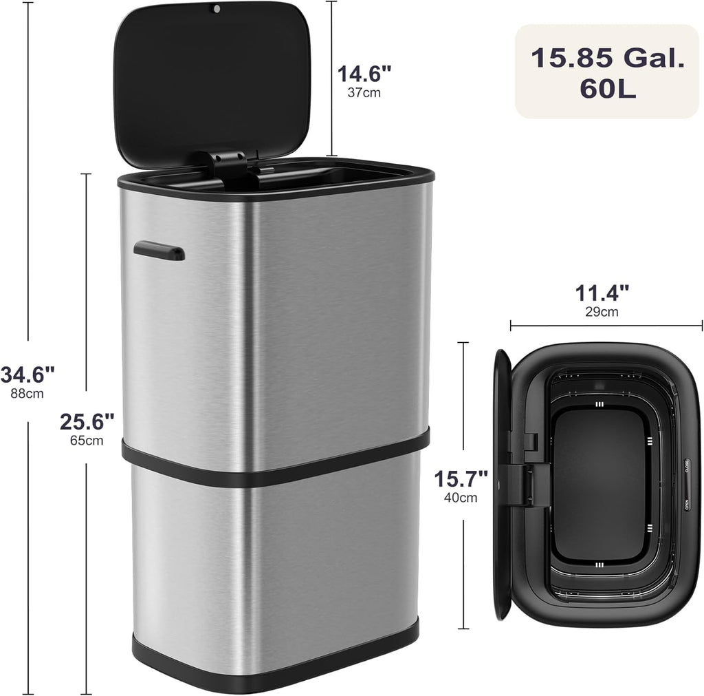 16 Gallon Kitchen Trash Can with Lid, 60L Touchless Motion Sensor Trash Can, Waterproof Brushed