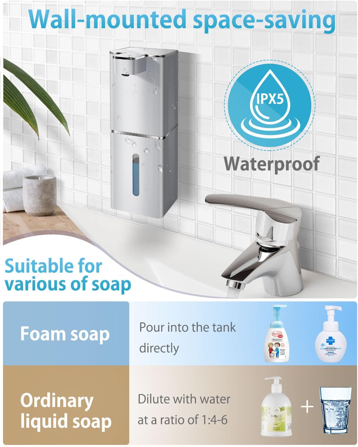 Automatic Foaming Soap Dispenser Touchless 380ml/12.8oz Rechargeable Hand Soap Dispenser Wall