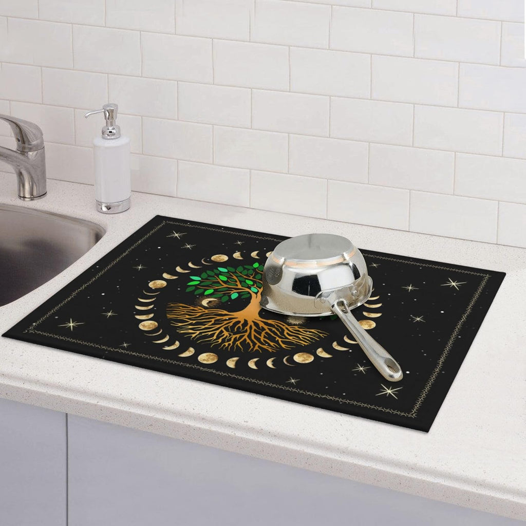 Black Microfiber Dish Drying Mat for Kitchen Counter 18"x24" Ancient Life Tree Decorative Dishes