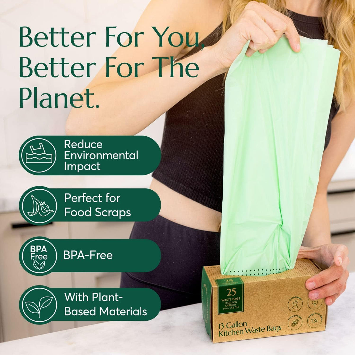 Cleanomic Compostable* Trash Bags with Drawstring (13 Gallon, 25 Units, Tall), BPI Certified For