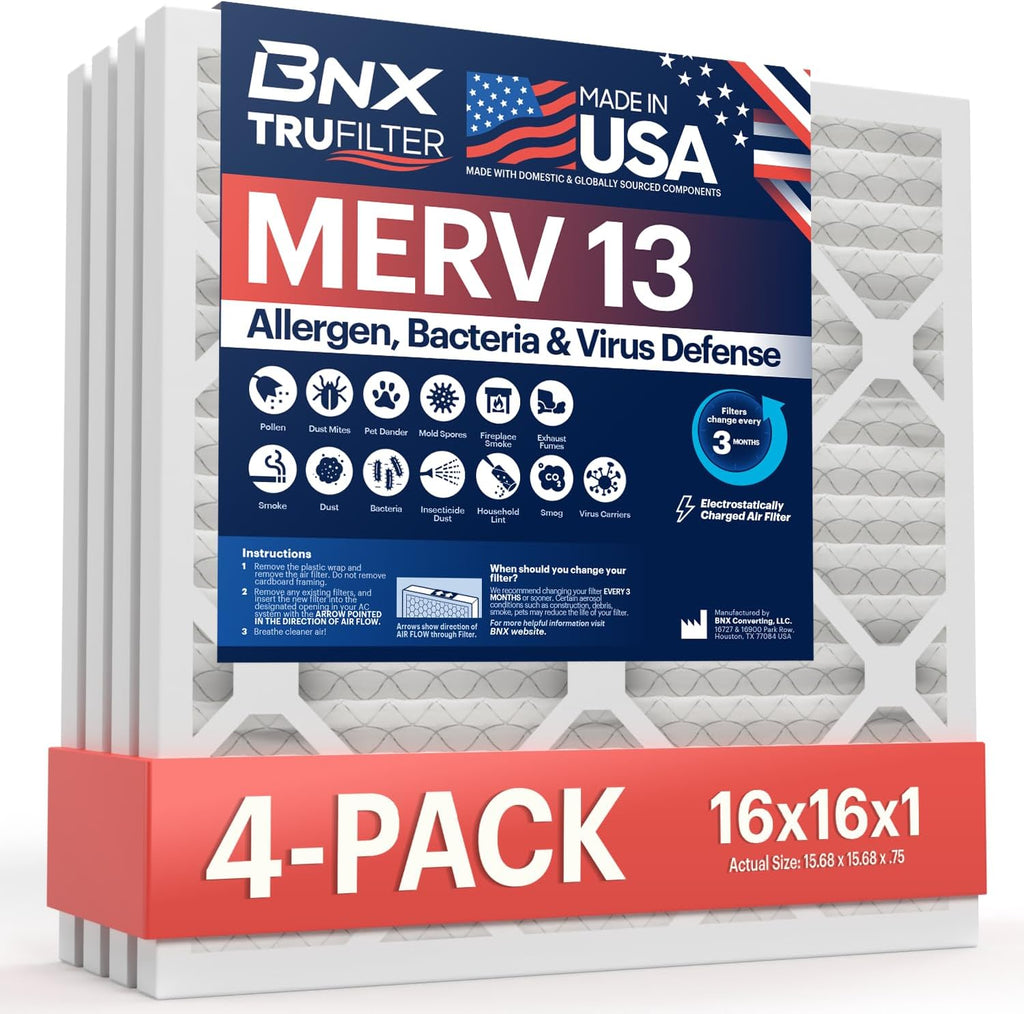 BNX TruFilter 16x16x1 Air Filter MERV 13 (4-Pack) - MADE IN USA - Electrostatic Pleated Air