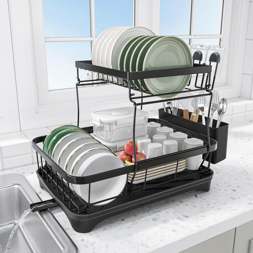 Dish Drying Rack Two-Tier Drying Rack with Utensil Holder, Auto-Draining Dish Rack for Kitchen