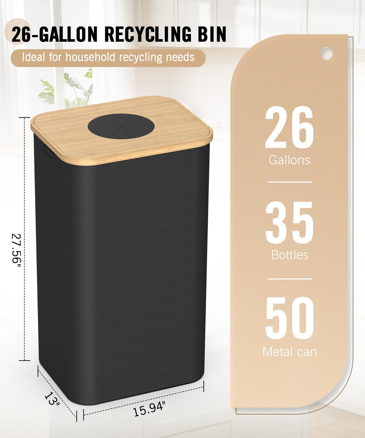 26 Gallon (100L) Recycling Bins for Kitchen with Bamboo lid, Black