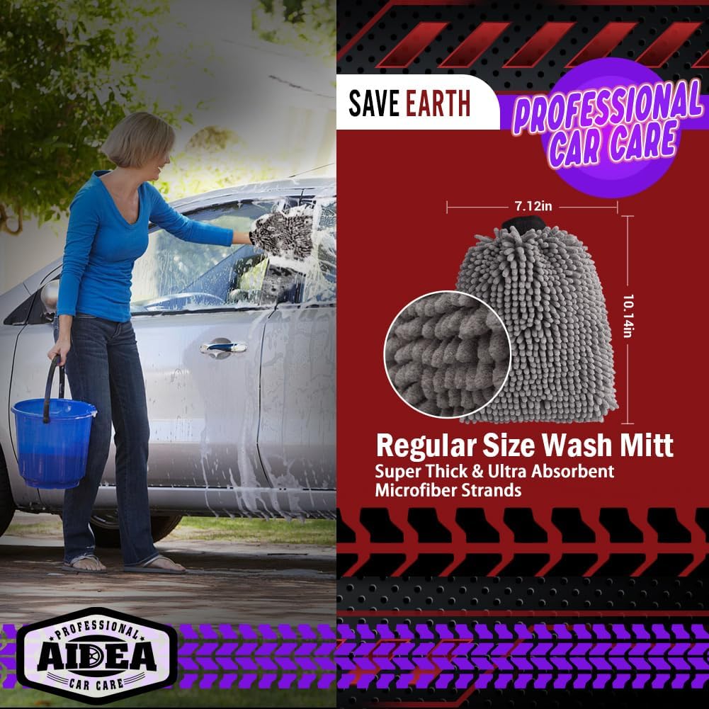 AIDEA Car Wash Mitt Microfiber-2Pack, Scratch-Free& Lint-Free, Premium Chenille Microfiber Wash