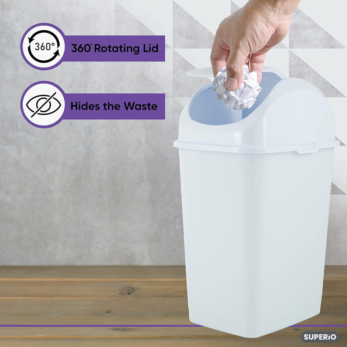 Superio Small Plastic Trash Can with Swing Top Lid, Compact Slim Waste Bin for Under Desk, Office