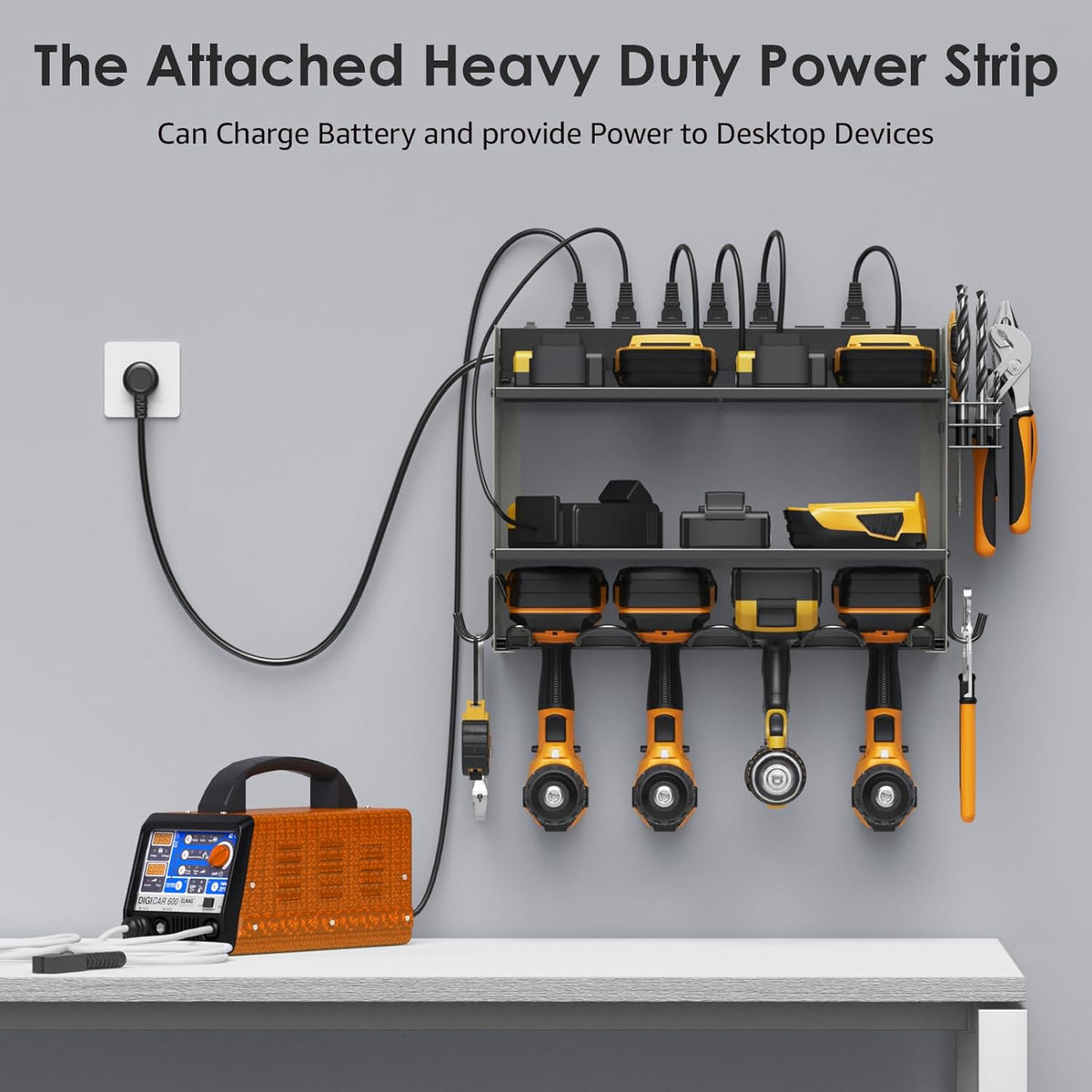 CCCEI Set Power Tool Organizer Wall Mount with Charging Station. Garage 4 Drill Storage Shelf with