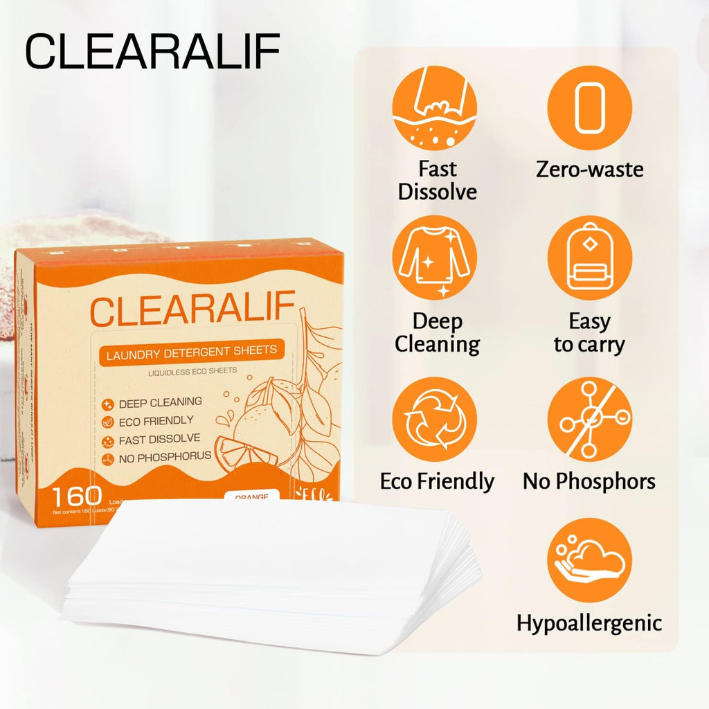 CLEARALIF Laundry Detergent Sheets Up to 160 Loads, Orange - Great For Travel, Apartments