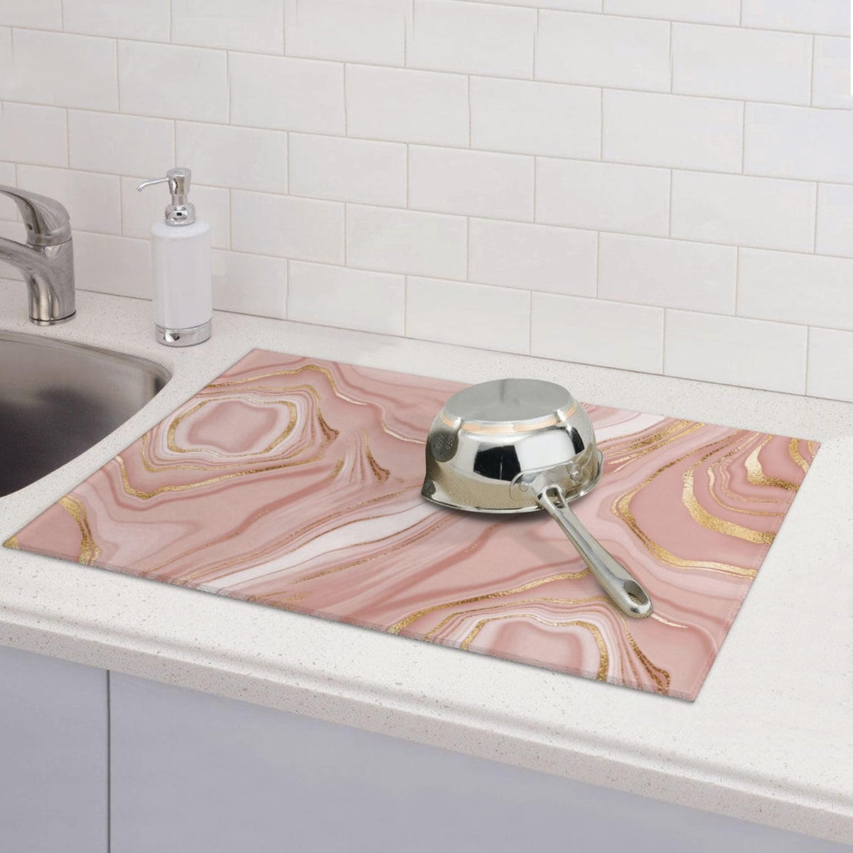 Pink Golden Dish Drying Mat for Kitchen Counter Absorbent Reversible Rose Pink Modern Drying Pad