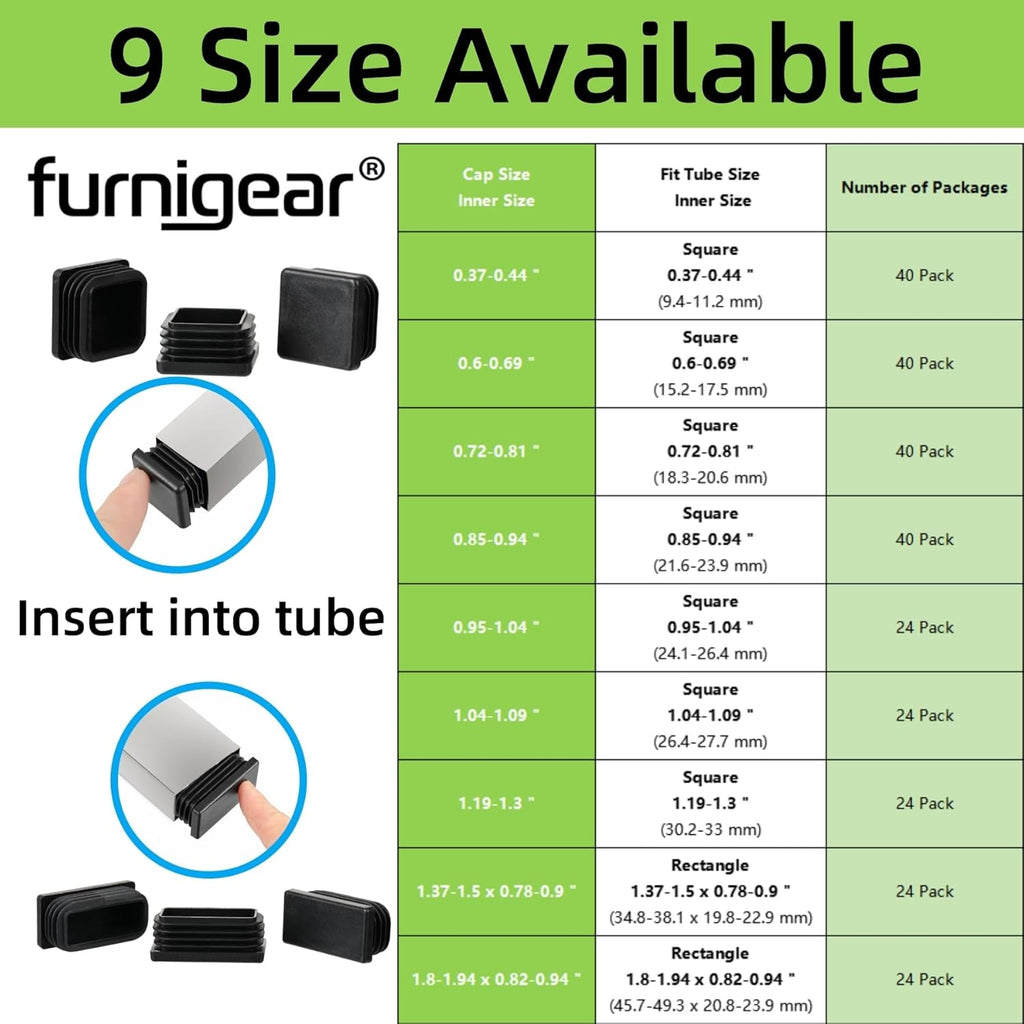 Furnigear Plastic Plugs Tubing End Cap Chair End Caps Outside Bottom Tubing Caps Round Square