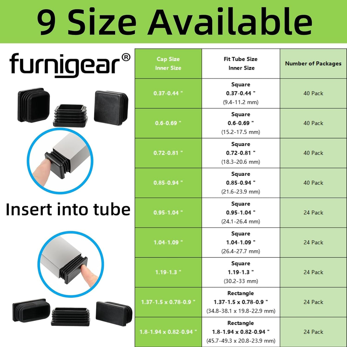 Furnigear Plastic Plugs Tubing End Cap Chair End Caps Outside Bottom Tubing Caps Round Square