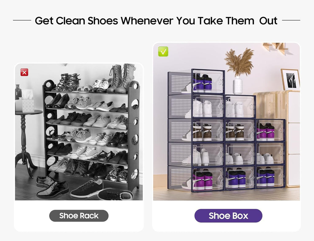 Kuject X-Large Shoe Storage Boxes Organizers Clear Plastic Stackable 12 Pack, Shoe Rack & Holder
