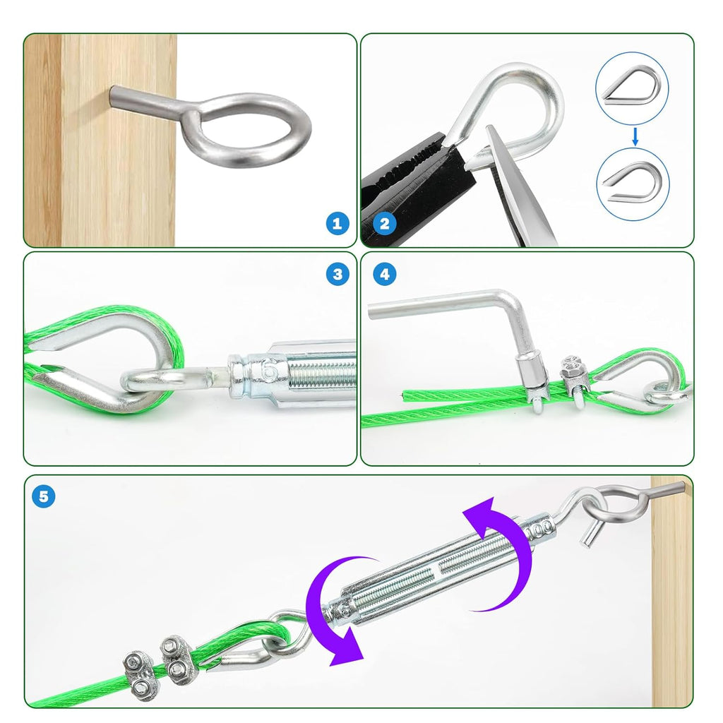 100 Ft Turnbuckles for Cables Wire, 3/16" Green PVC Coated Wire Rope Kit, Multi-use Steel Cable for