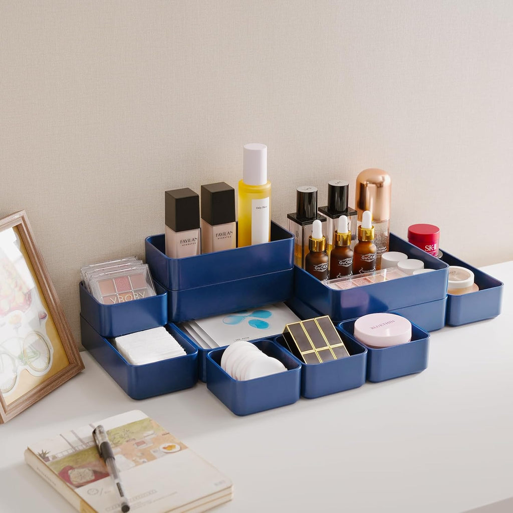11-Piece Stackable Drawer Organizer Set, Multi-size Desk Drawer Organizer Trays Vanity Storage Bins