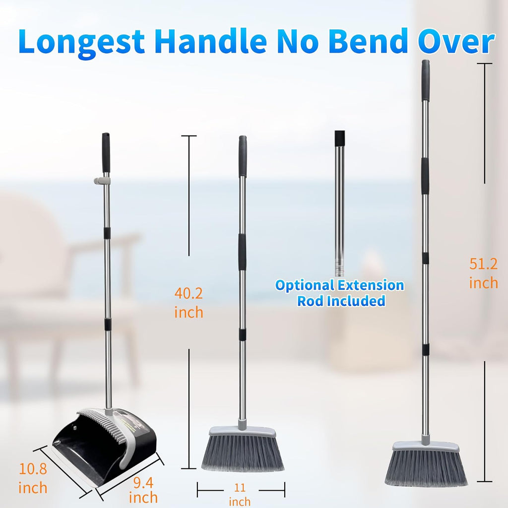 Broom with Dustpan Combo Set Broom and Dustpan Set Dust Pan with 51.2" Stainless Steel Long Handle