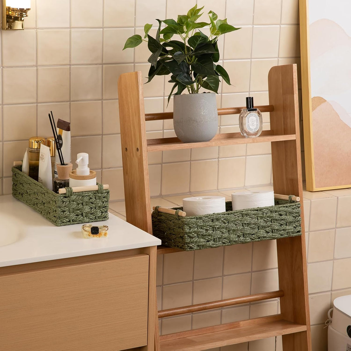 OIAHOMY Toilet Paper Baskets Handmade Paper Rope Decorative Wicker Storage Tank Shelf Cabinet