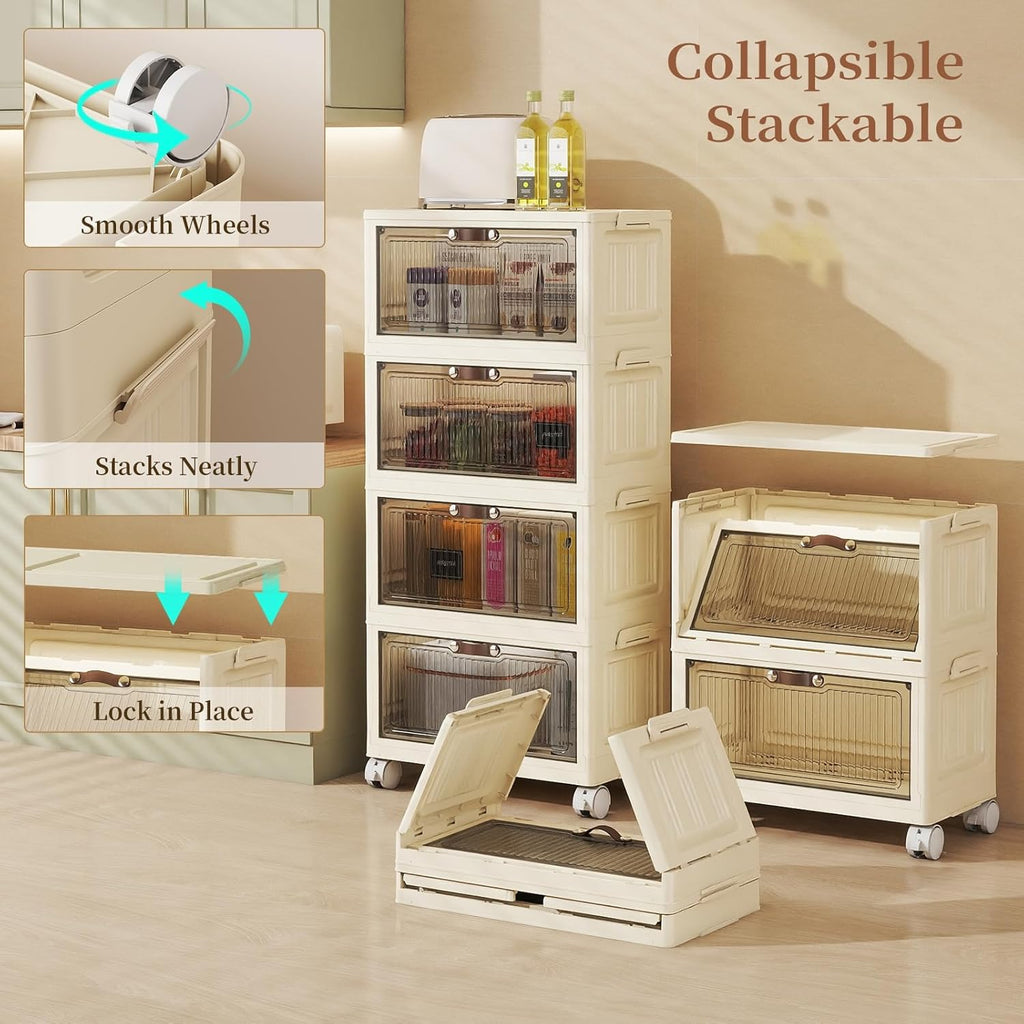 3 Tier - 48QT Storage Bins with Lids, Collapsible Storage Bins with Doors and Wheels, Plastic