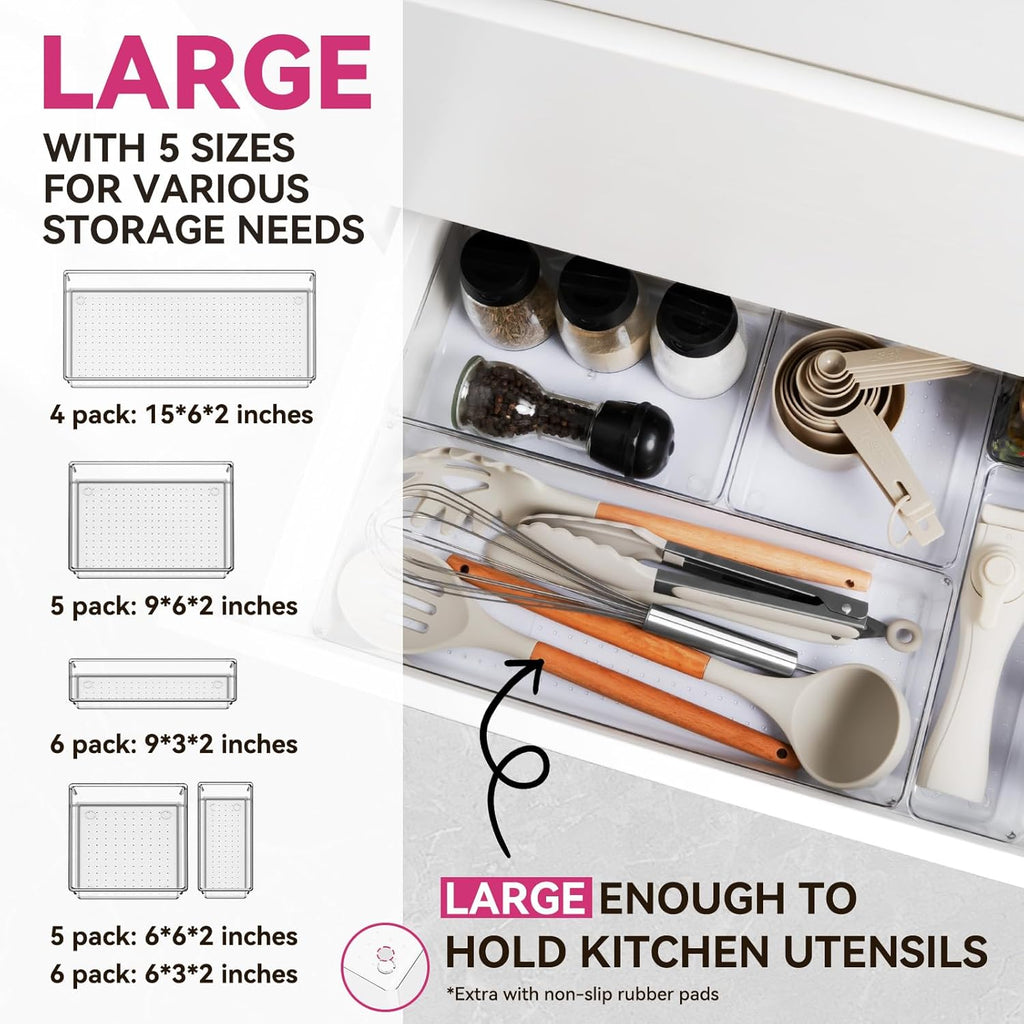 Criusia 26 Pack Large Clear Plastic Drawer Organizer Bins -5 Size Heavy Duty Acrylic Kitchen Drawer