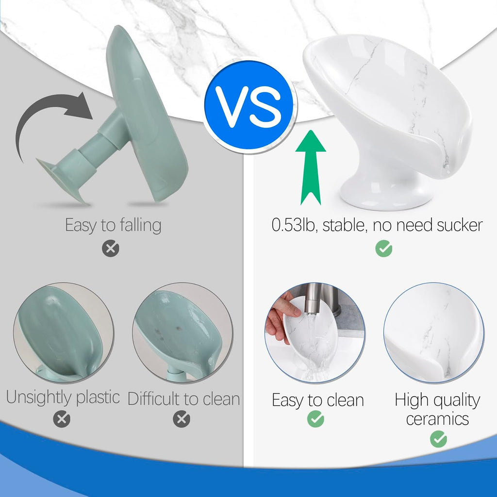 Soap Dish Set, Self Draining Bar Soap Holder for Bathroom Sink, Leaf Shaped Drainage Soap Dish