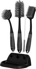 Dish Brush Set of 5 with Holder - Kitchen Scrub Brushes with Non-Slip Long Handle for Cleaning