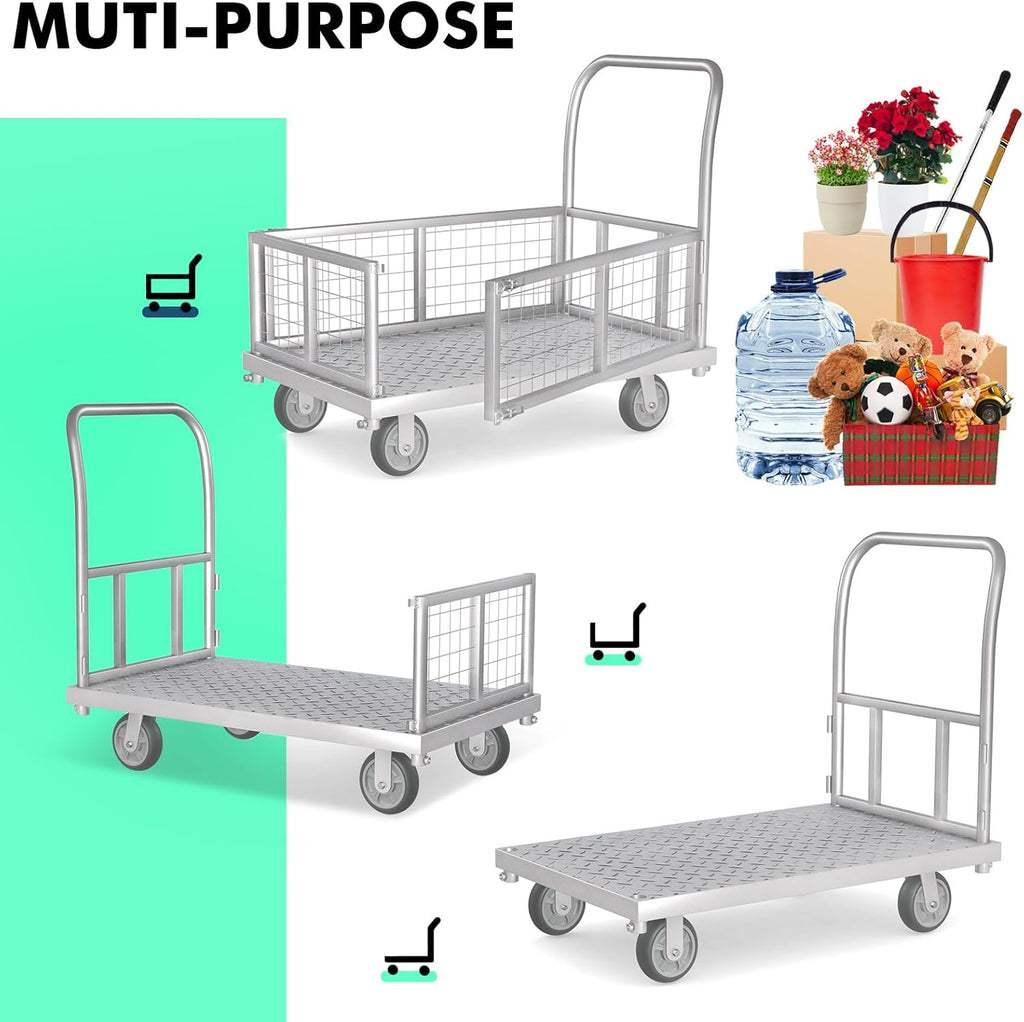 4-in-1 Platform Truck Cart with Cage, Multi-Purpose Heavy Duty Steel Flatbed Cart with 2200lbs