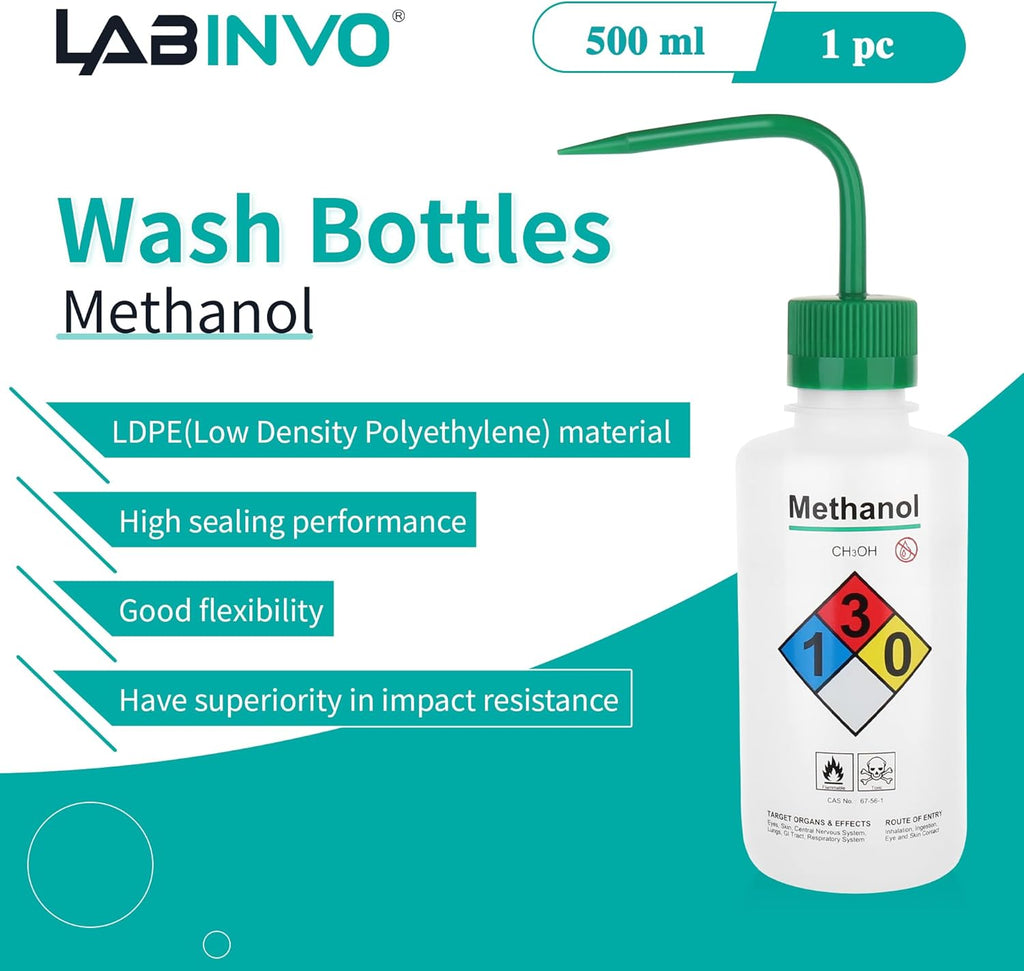 Self-Venting Safety Wash Bottles(Methanol), Pack of 1, With Chemical Name,.Vol.500Ml,Ldpe