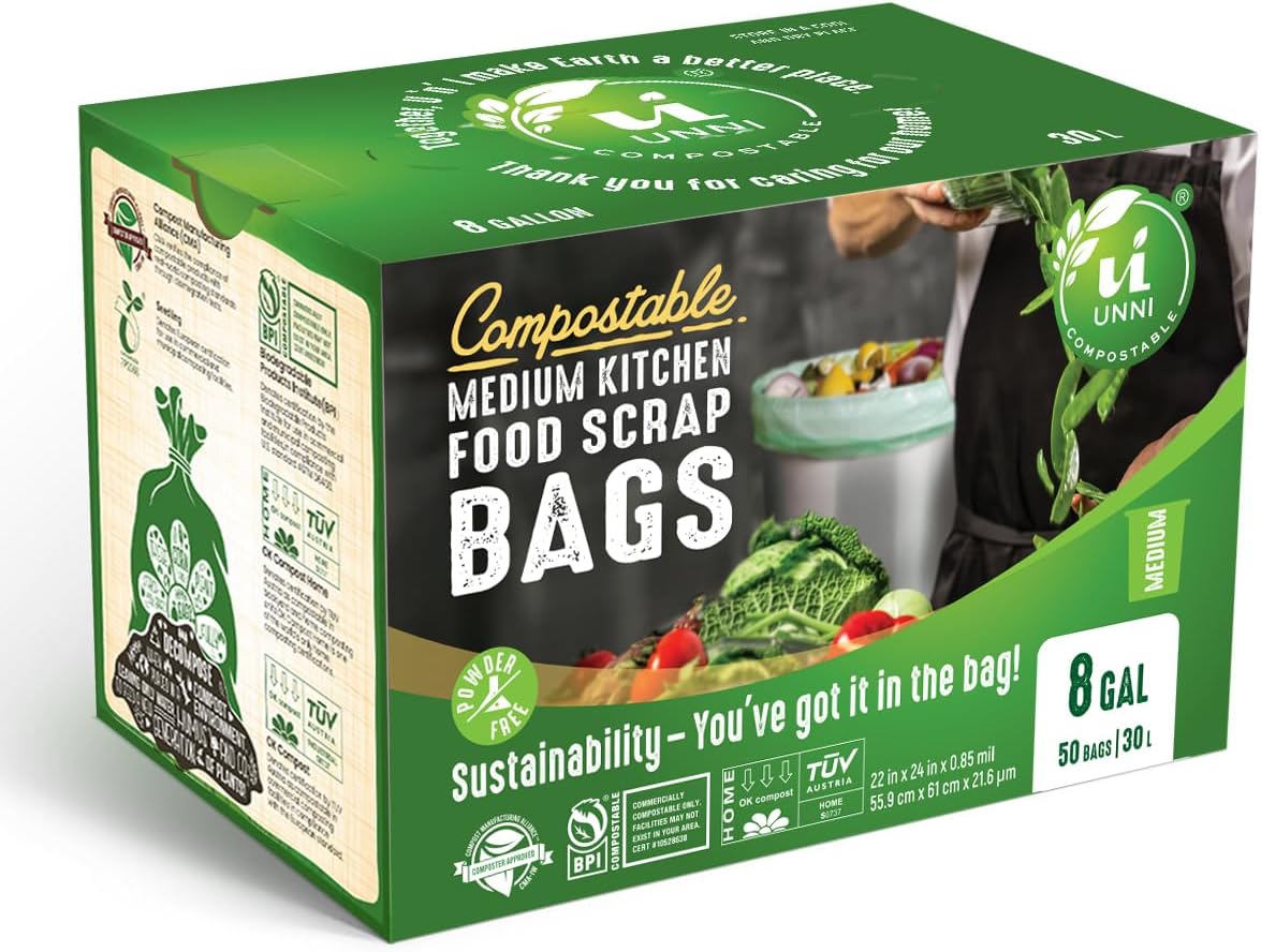 UNNI Compostable Trash Bags, 8 Gallon / 30 Liter, 50 Count, Extra Thick 0.85 mil Medium Kitchen