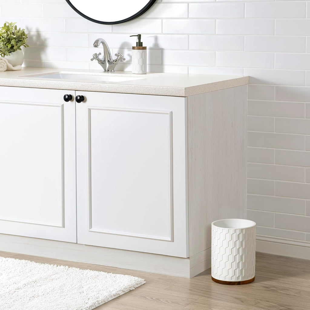 Allure Home Creation Sarasota Resin with Wood Accent Wastebasket Trash Can Compact Size, White