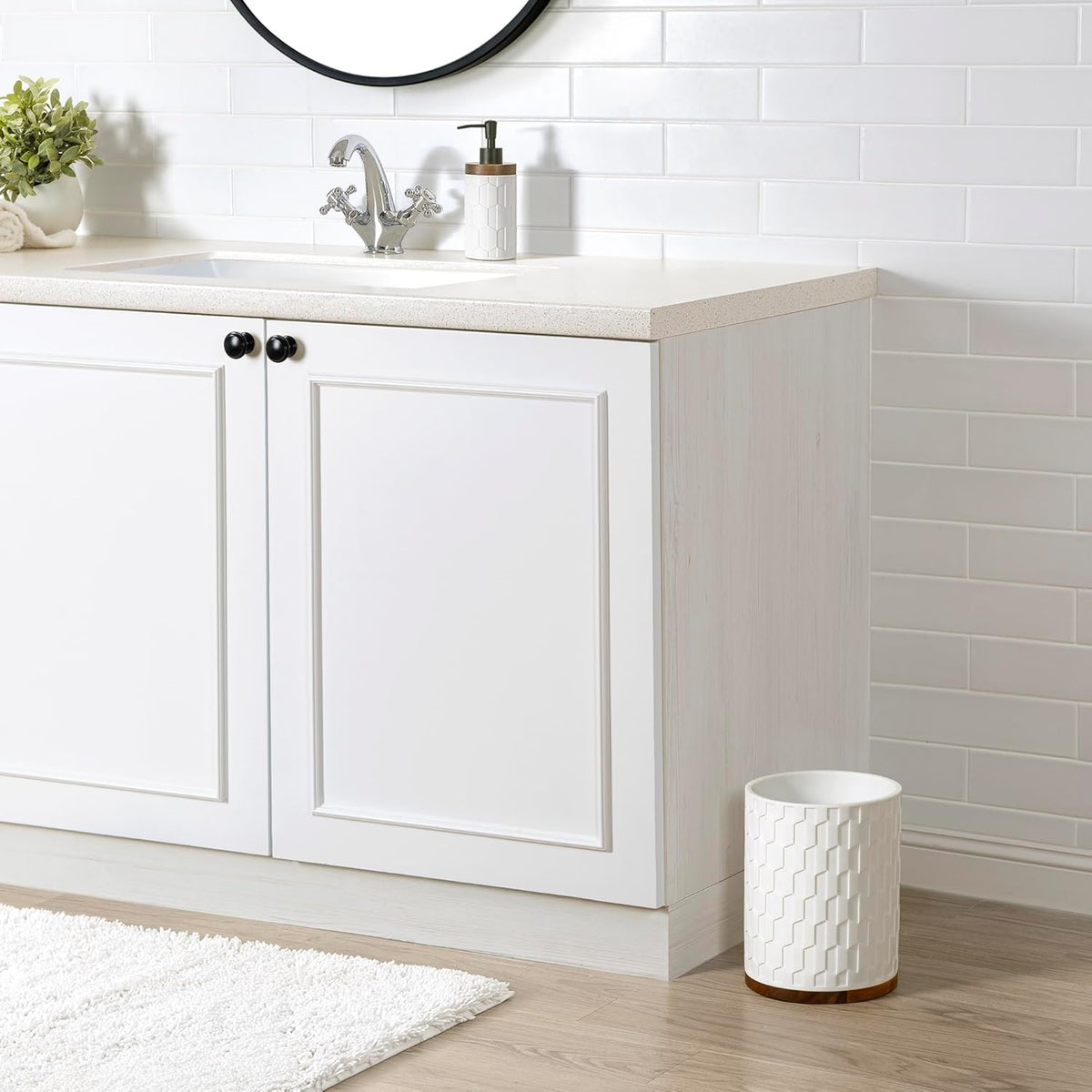 Allure Home Creation Sarasota Resin with Wood Accent Wastebasket Trash Can Compact Size, White