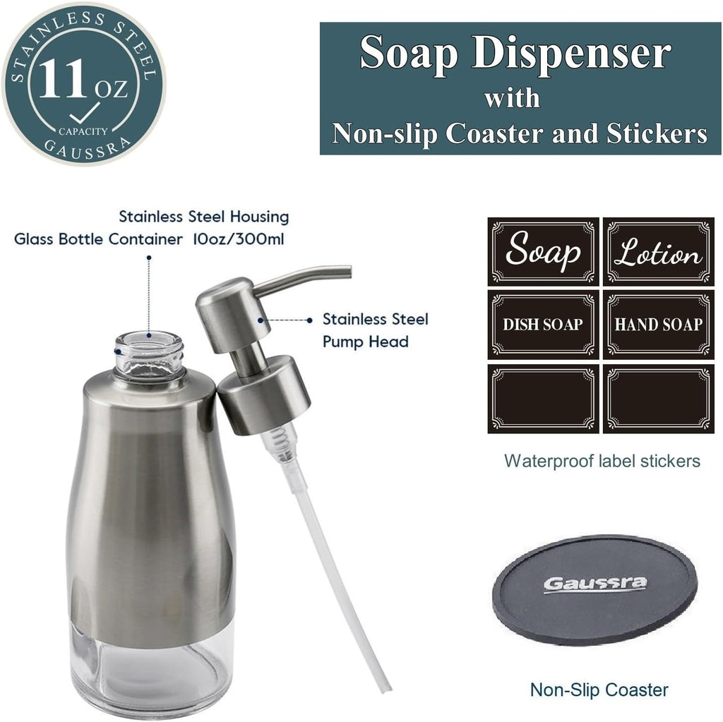 Gaussra Soap Dispenser with Coaster and Stickers, Brushed Nickel Stainless Steel Case Glass Liner