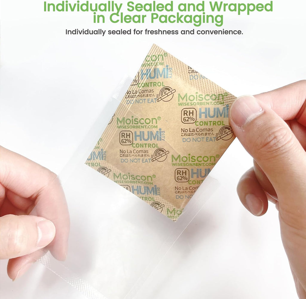 45 Pack 62% RH 8 Gram Two-Way Humidity Control Packs for Storing 1 oz, Size 8 Moisture Control
