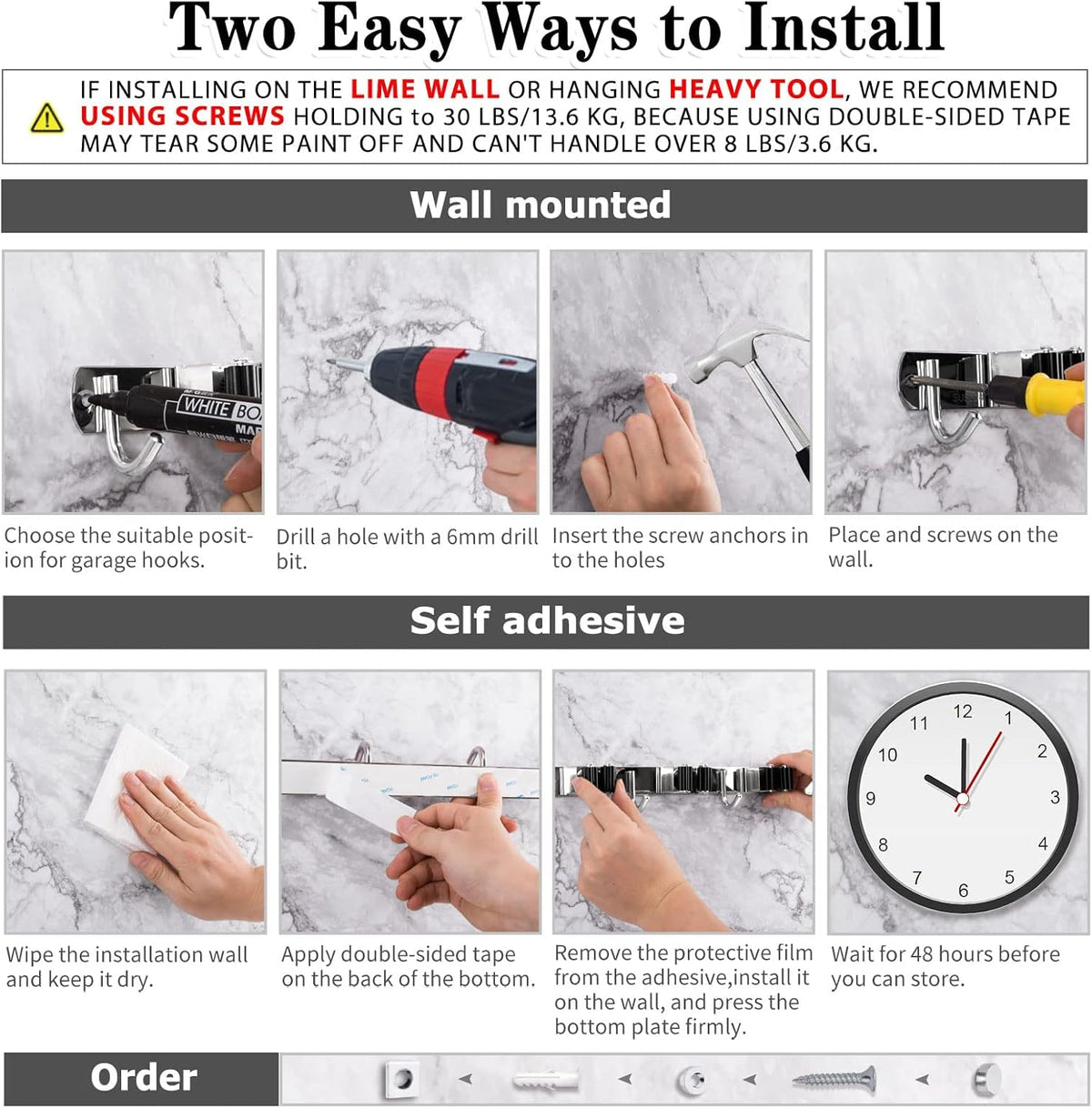 2 Pack 3 Racks and 4 Hooks Broom and Mop Holder Wall Mounted Garage Organizer Storage Tool Racks
