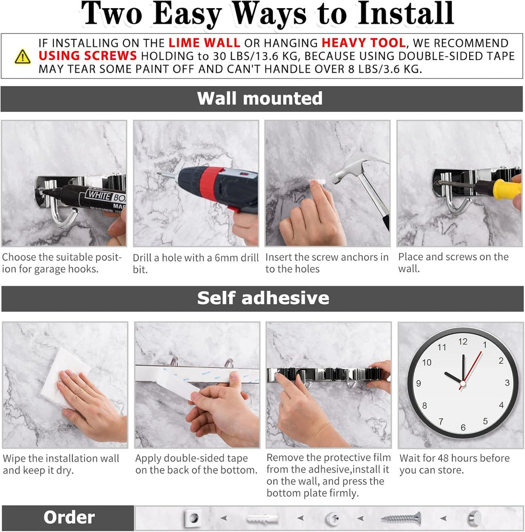 2 Racks and 3 Hooks Broom and Mop Holder Wall Mounted Garage Organizer Storage Tool Racks Stainless