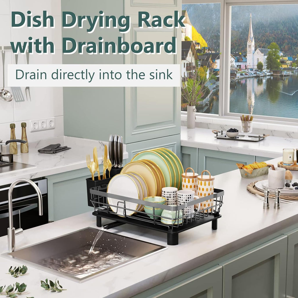 Iron Dish Drying Rack with Drainboard Dish Drainers for Kitchen Counter Extendable Spout Strainers