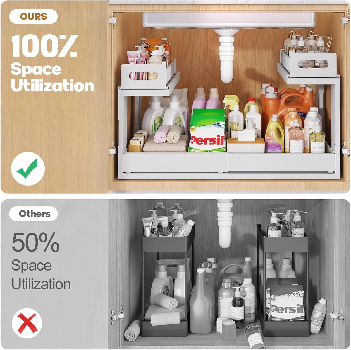 1 Pack-15.7"-25.7"W Expandable Under Sink Organizer With Upgrade Ball-Bearing Slide,2-Tier Pull Out