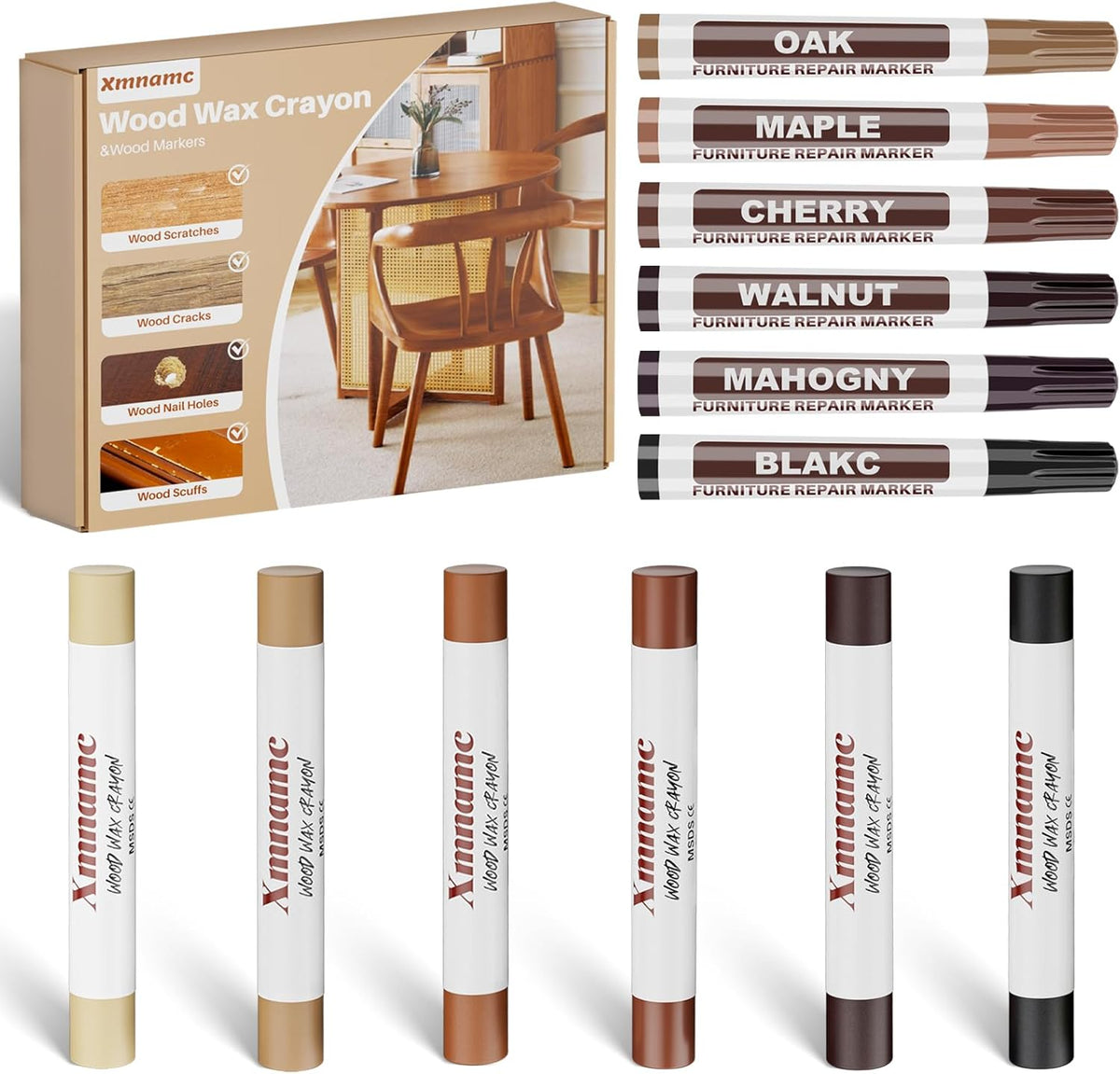 Wood Filler Sticks, 12 Colors Wood Wax Crayons Furniture Markers Touch Up for Repair Any Furniture