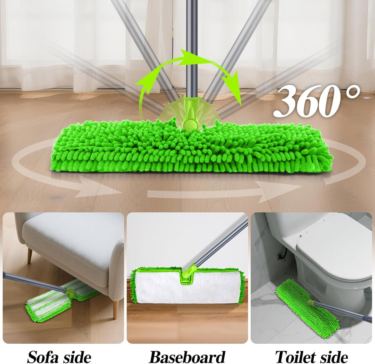 MASTERTOP Microfiber Mops for Floor Cleaning, Double-Sided Dust Mop with 4 Reusable & Washable Mop