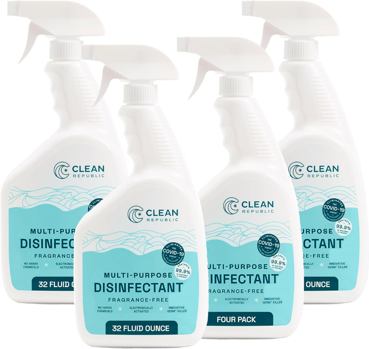 Clean Republic Multi-Purpose Disinfectant, Cleaning Spray, 32 Fluid Ounce Bottle, 4-Pack