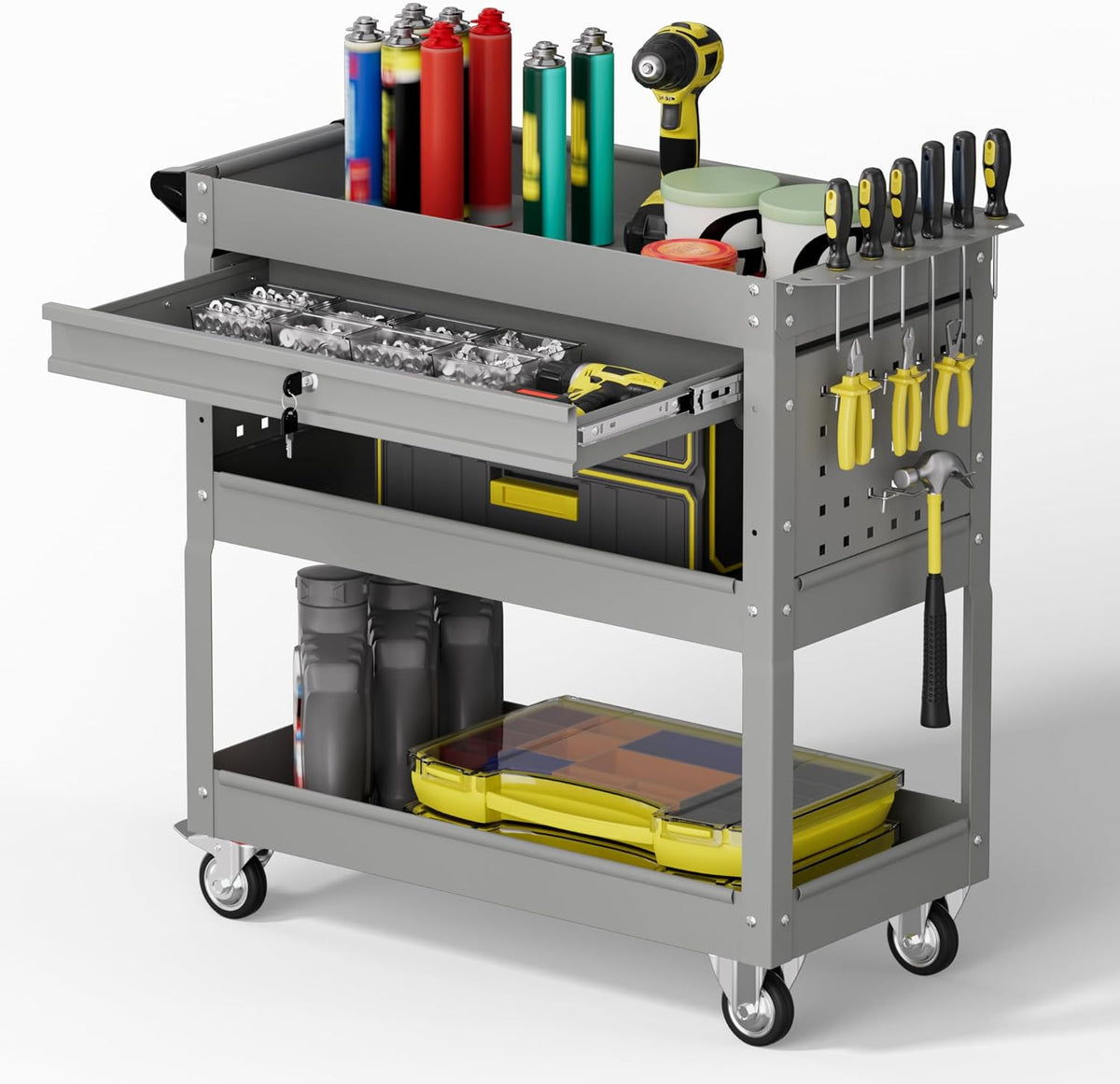 3 Tier Rolling Tool Cart with Drawers, 450 LBS Capacity Tool Cart on Wheels, Heavy Duty Rolling