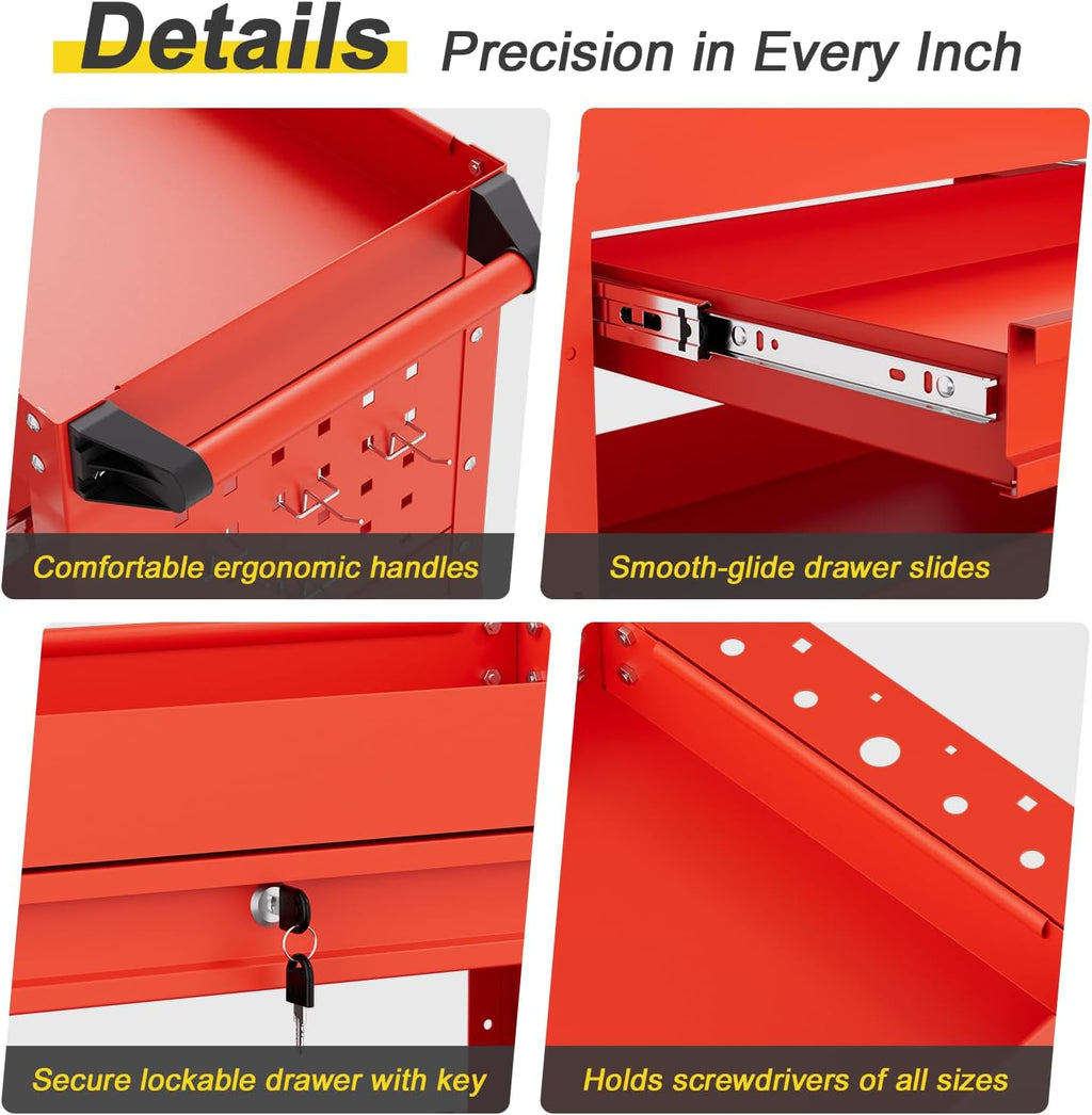 3-Tier Rolling Tool Cart with Drawers, Heavy Duty Utility Storage Cart with pegboard, Lockable