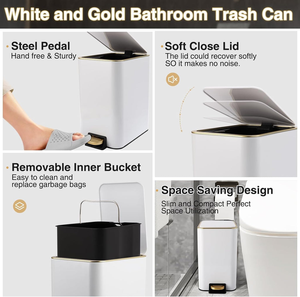 Small Bathroom Trash Can with Lid Soft Close, 1.8 Gallon Stainless Steel Garbage Can with Removable