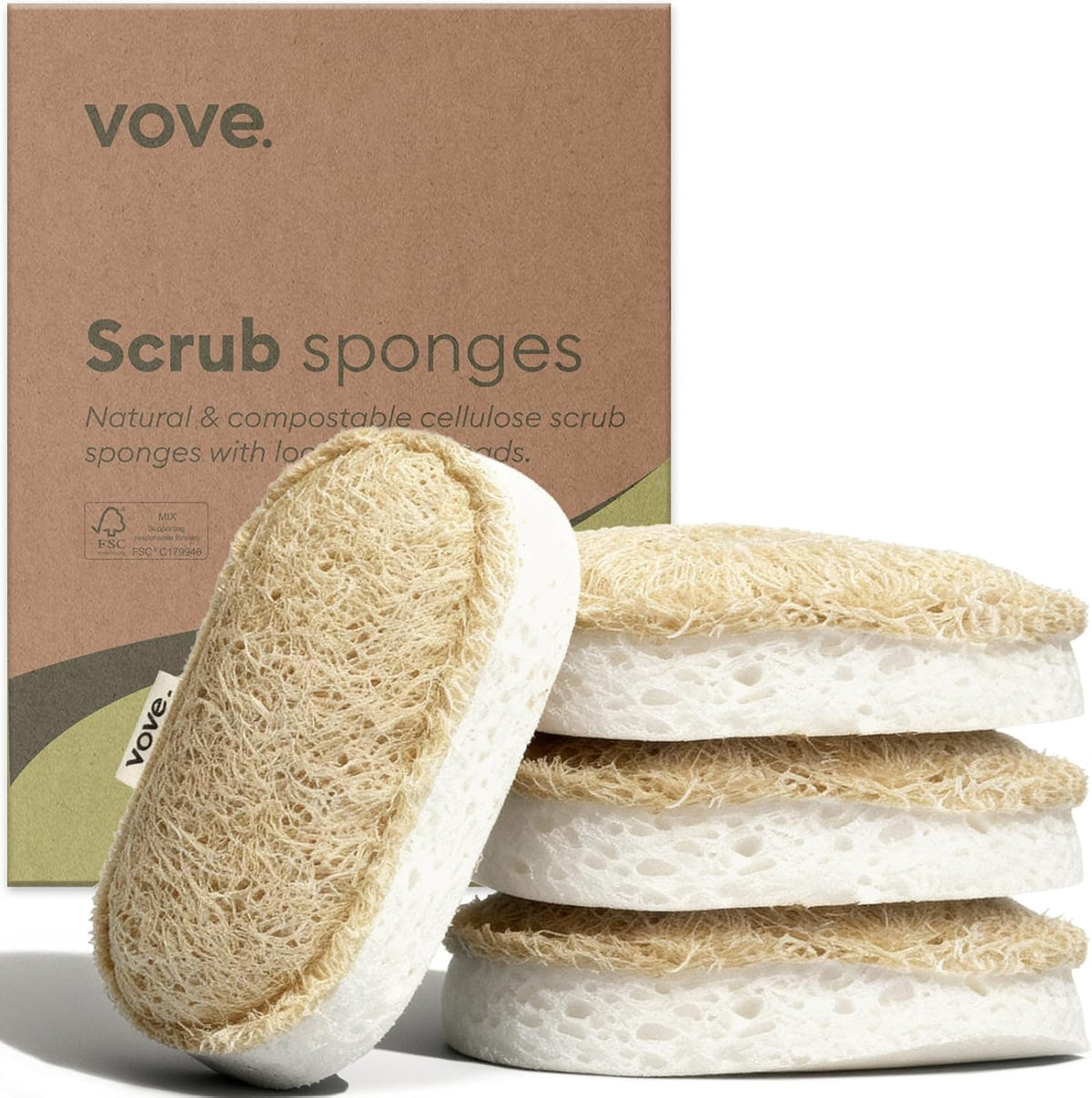 Vove Scrub Sponges 4 Pack, Cellulose & Cotton with Natural Loofah, Eco-Friendly Loofah Dish &