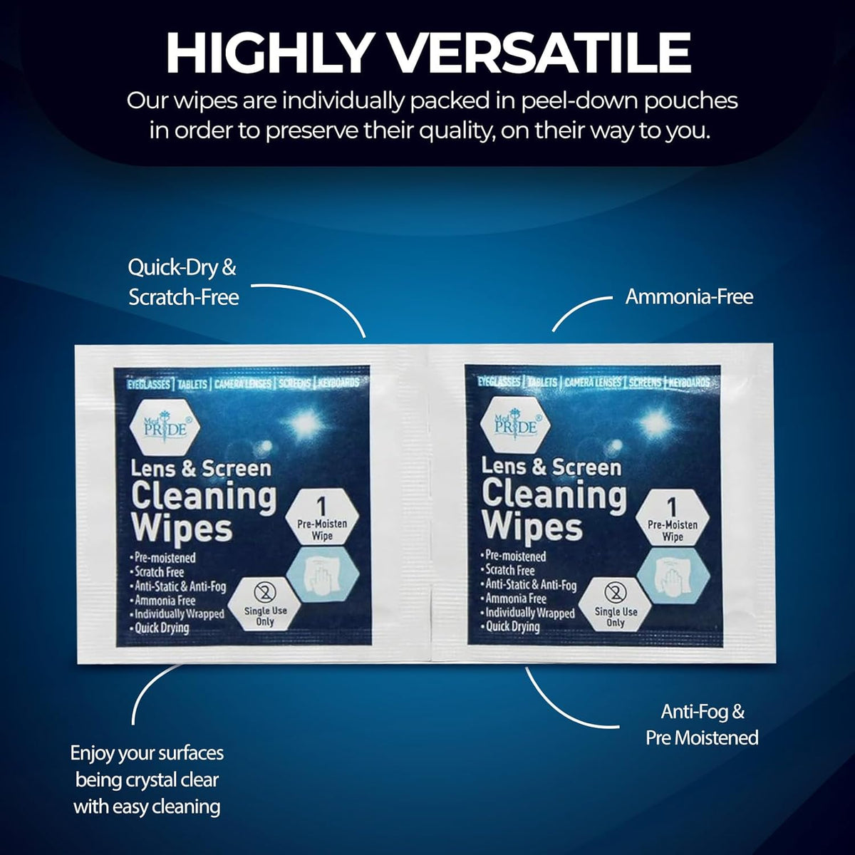 MED PRIDE Lens and Screen Cleaning Wipes for Eyeglasses, Touch Screens, Cameras, Anti-Fog