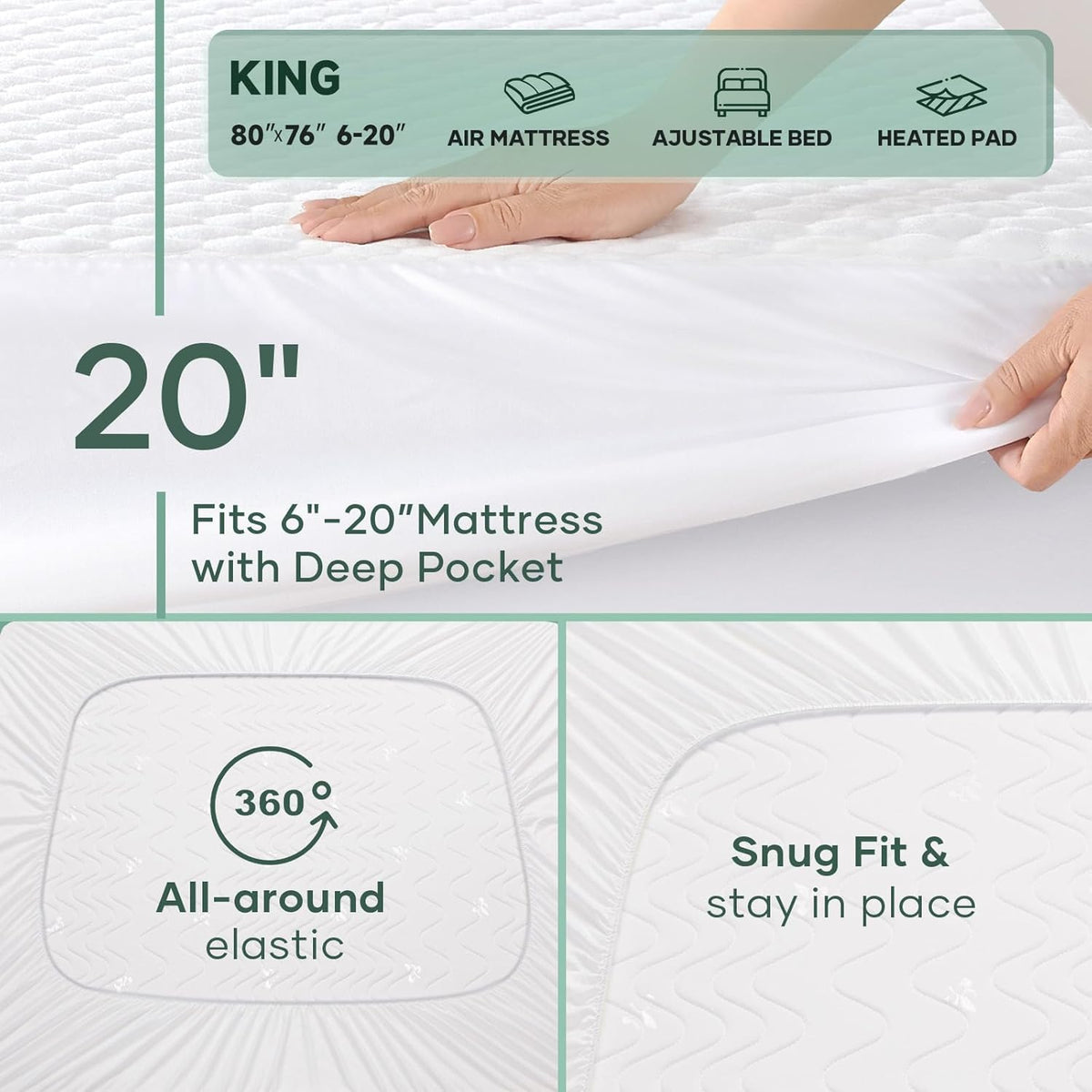 OhGeni 100% Waterproof Mattress Protector, King Size Mattress Pad, Fits 6"-20" Mattresses with Deep