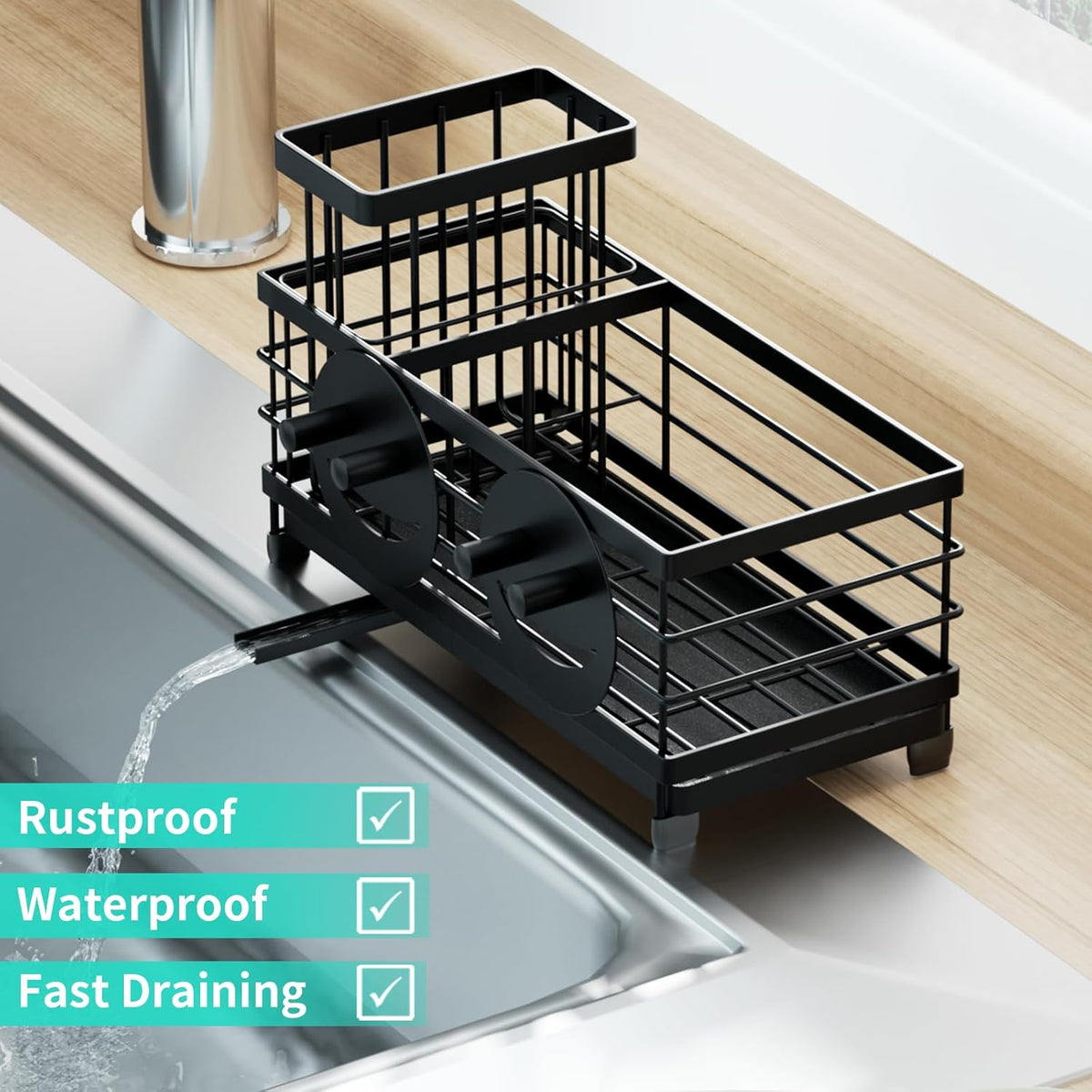 HapiRm Sink Caddy Sponge Holder - Self-draining Kitchen Sink Organizer with Smiley Face and Brush