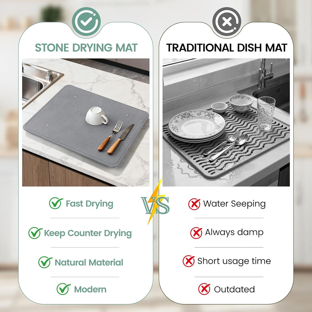 Large Stone Dish Drying Mats for Kitchen Counter,20"(L)×16"(W) Diatomaceous Earth Stone Mat With