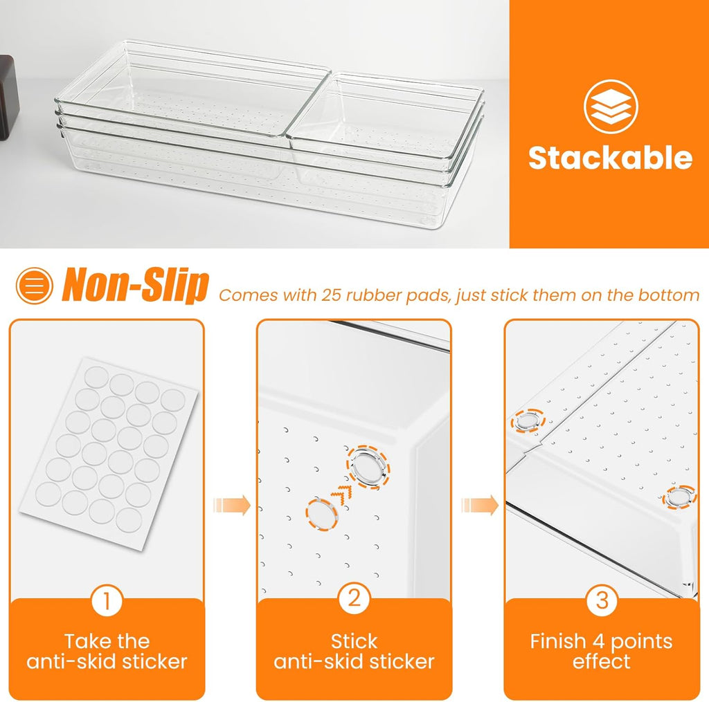 9 Pack Clear Plastic Drawer Organizer Set, Acrylic Non Slip Non Cracking Kitchen Drawer Storage