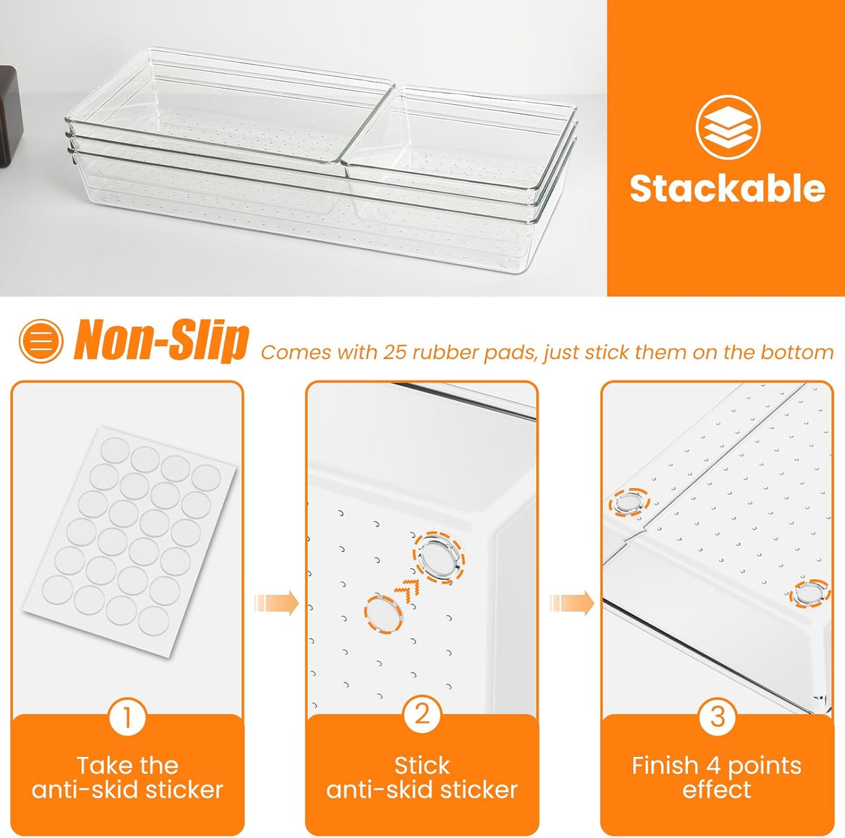 9 Pack Clear Plastic Drawer Organizer Set, Acrylic Non Slip Non Cracking Kitchen Drawer Storage